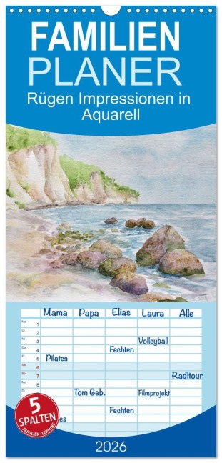 Familienplaner 2026 - Rügen Impressionen in Aquarell mit 5 Spalten (Wandkalender, 21 x 45 cm) CALVENDO - Sylwia Mesch