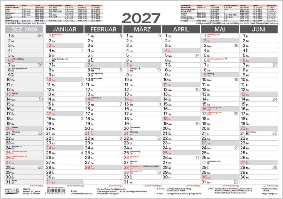 Tafelkalender A5 "Stabil" 2027 - 