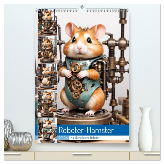 Roboter-Hamster - niedliche kleine Roboter (hochwertiger Premium Wandkalender 2026 DIN A2 hoch), Kunstdruck in Hochglanz - Stanley Hinz