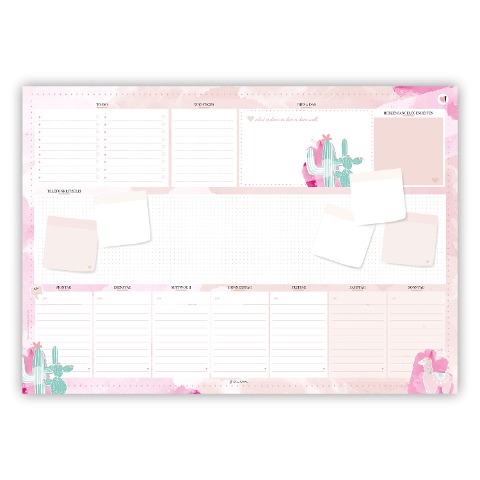 Rosa Schreibtischunterlage in DIN A2 aus Papier zum Abreißen. Mit Kaktus und Alpaka Motiv. Design in rosa und pinkem Aquarell, besonders für Frauen, Mädchen und Teenager. Schreibunterlage mit 50 Blatt zum Abreißen. Stay Inspired! by Lisa Wirth - Lisa Wirth