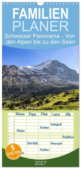 Familienplaner 2027 - Schweizer Panorama - Von den Alpen bis zu den Seen mit 5 Spalten (Wandkalender, 21 x 45 cm) CALVENDO - AkremaFotoArt