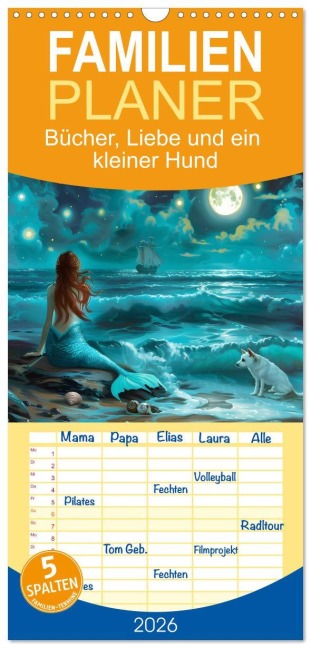 Familienplaner 2026 - Bücher, Liebe und ein kleiner Hund mit 5 Spalten (Wandkalender, 21 x 45 cm) CALVENDO - Daniela Tapper