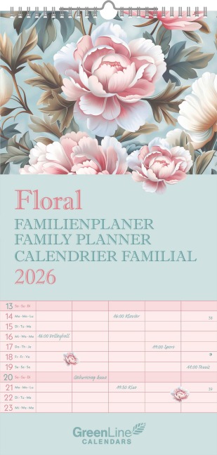 GreenLine Floral 2026 Familienplaner - Familien-Kalender - Kinder-Kalender - 22x45 - 