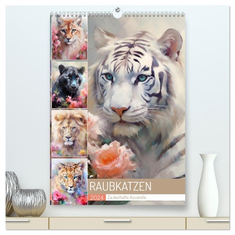 Raubkatzen. Zauberhafte Aquarelle (hochwertiger Premium Wandkalender 2024 DIN A2 hoch), Kunstdruck in Hochglanz - Rose Hurley