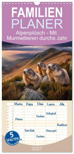 Familienplaner 2027 - Alpenplüsch - Mit Murmeltieren durchs Jahr mit 5 Spalten (Wandkalender, 21 x 45 cm) CALVENDO - Simone Wunderlich