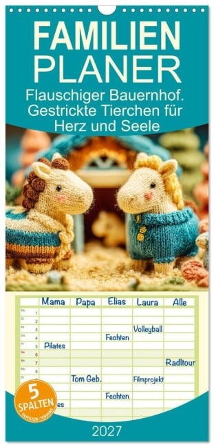 Familienplaner 2027 - Flauschiger Bauernhof. Gestrickte Tierchen für Herz und Seele mit 5 Spalten (Wandkalender, 21 x 45 cm) CALVENDO - Rose Hurley