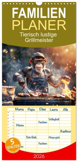 Familienplaner 2026 - Tierisch lustige Grillmeister mit 5 Spalten (Wandkalender, 21 x 45 cm) CALVENDO - Peter Rübsamen