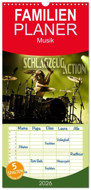 Familienplaner 2026 - Schlagzeug Action mit 5 Spalten (Wandkalender, 21 x 45 cm) CALVENDO - Renate Bleicher