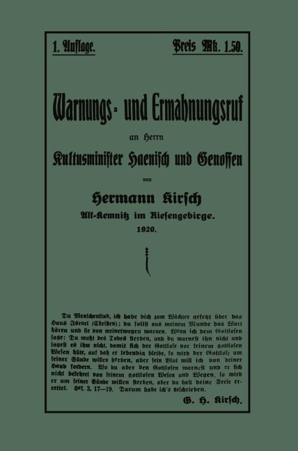 Warnungs- und Ermahnungsruf an Herrn Kultusminister Haenisch und Genossen - Hermann Kirsch