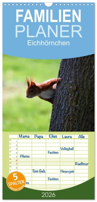 Familienplaner 2026 - Eichhörnchen mit 5 Spalten (Wandkalender, 21 x 45 cm) CALVENDO - SchnelleWelten SchnelleWelten