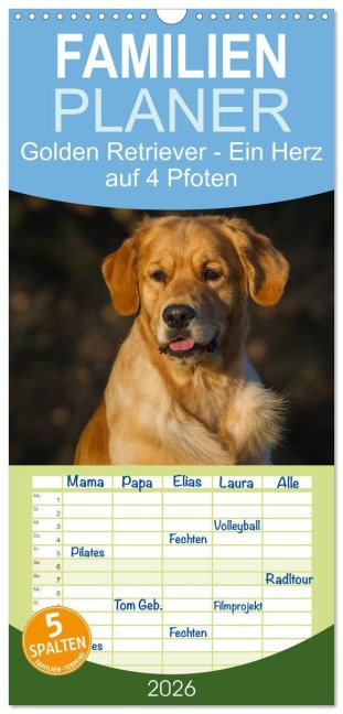 Familienplaner 2026 - Golden Retriever - Ein Herz auf 4 Pfoten mit 5 Spalten (Wandkalender, 21 x 45 cm) CALVENDO - Sigrid Starick