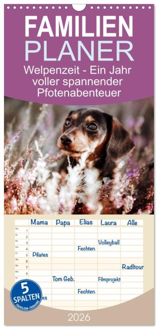 Familienplaner 2026 - Welpenzeit - Ein Jahr voller spannender Pfotenabenteuer mit 5 Spalten (Wandkalender, 21 x 45 cm) CALVENDO - Sensiebelfotografie Saskia Katharina Siebel