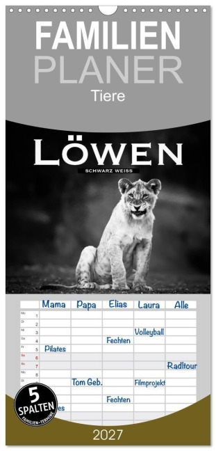 Familienplaner 2027 - Löwen schwarz weiß mit 5 Spalten (Wandkalender, 21 x 45 cm) CALVENDO - Robert Styppa