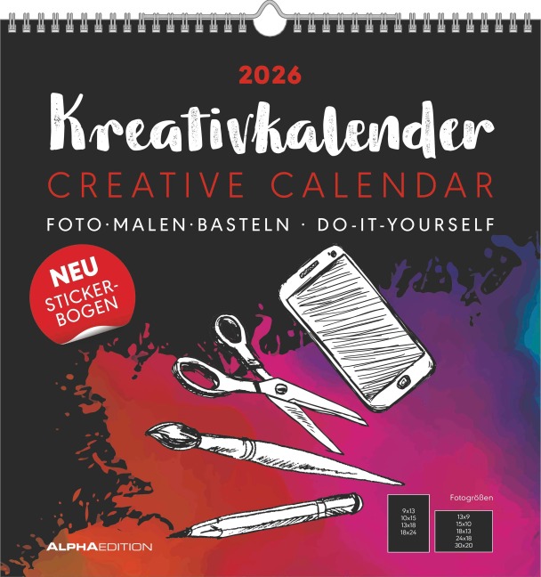 Kreativ-Kalender schwarz 2026 - 32 x 33 -  Foto, Malen, Basteln - datiert - Kreativkalender - Foto-Kalender - Alpha Edition - 