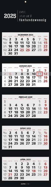 5-Monatskalender Black 2025 - Büro-Kalender 33x20 cm (geschlossen), 33x120 (geöffnet) - faltbar - mit Datumsschieber - Alpha Edition - 