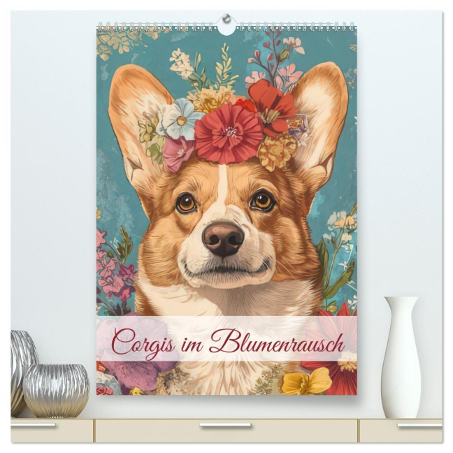 Corgis im Blumenrausch (hochwertiger Premium Wandkalender 2026 DIN A2 hoch), Kunstdruck in Hochglanz - Ally Bee