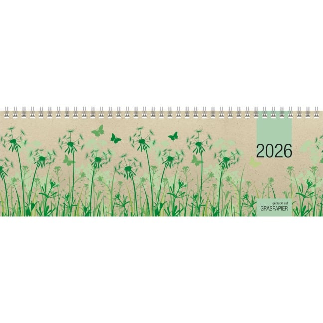Tischquerkalender Graspapier 2026 - 32x10,5 cm - 1 Woche auf 2 Seiten - nachhaltiger Bürokalender - Stundeneinteilung 8 - 20 Uhr - 159-0640 - 