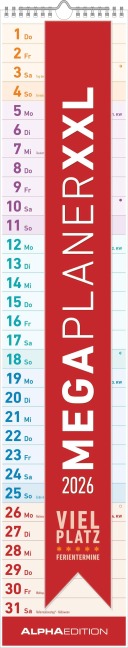 Megaplaner XXL 2026 - Streifen-Kalender 17x85 cm - mit Ferienterminen - viel Platz für Notizen - Wandplaner - Küchenkalender - Alpha Edition - 