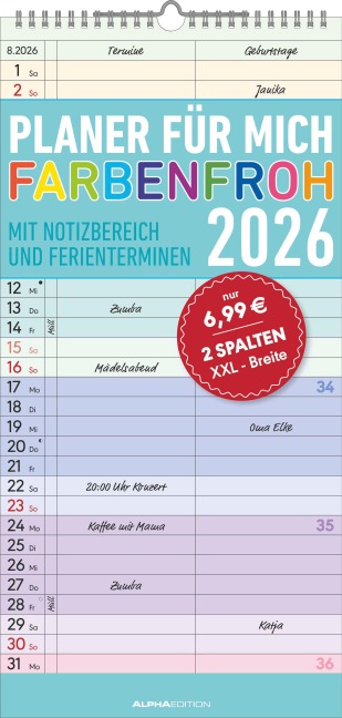 Planer für mich Farbenfroh 2026 - Familien-Timer 22x45 cm - mit Ferienterminen - Wand-Planer - mit vielen Zusatzinformationen - Alpha Edition - 