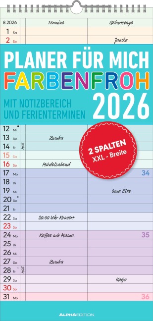 Planer für mich Farbenfroh 2026 - Familien-Timer 22x45 cm - mit Ferienterminen - Wand-Planer - mit vielen Zusatzinformationen - Alpha Edition - 