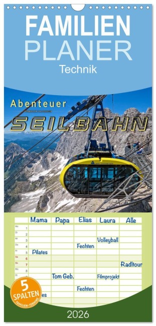Familienplaner 2026 - Abenteuer Seilbahn mit 5 Spalten (Wandkalender, 21 x 45 cm) CALVENDO - Peter Roder