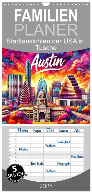 Familienplaner 2026 - Stadtansichten der USA in Tusche mit 5 Spalten (Wandkalender, 21 x 45 cm) CALVENDO - Marco Warstat