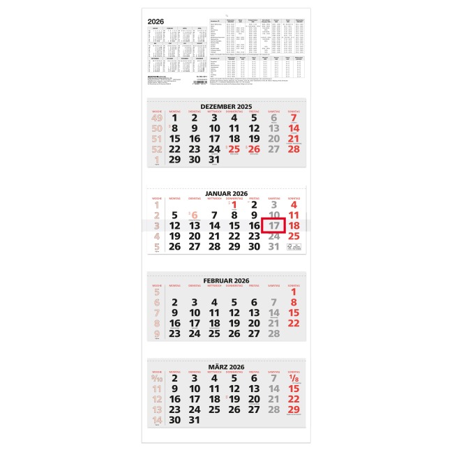 4-Monatskalender rot 2026 - 31x13,5 - mit Kopftafel - Datumsschieber - faltbar - 964-0011 - 