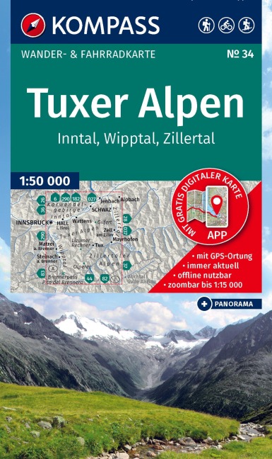 KOMPASS Wanderkarte 34 Tuxer Alpen, Inntal, Wipptal, Zillertal 1:50.000 - 