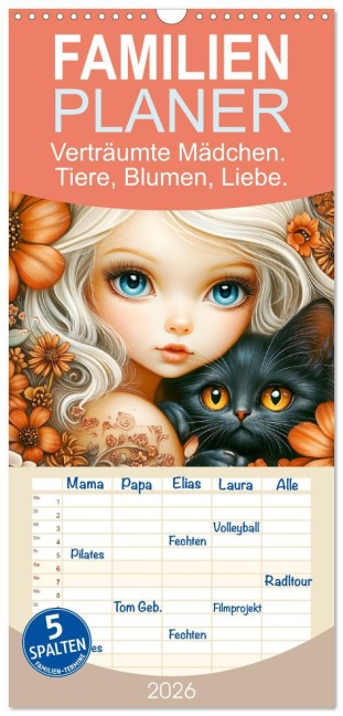 Familienplaner 2026 - Verträumte Mädchen. Tiere, Blumen, Liebe. mit 5 Spalten (Wandkalender, 21 x 45 cm) CALVENDO - Rose Hurley
