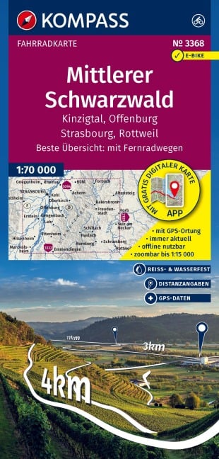 KOMPASS Fahrradkarte 3368 Mittlerer Schwarzwald, Kinzigtal, Offenburg, Strasbourg, Rottweil 1:70.000 - 