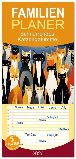 Familienplaner 2026 - Schnurrendes Katzengetümmel mit 5 Spalten (Wandkalender, 21 x 45 cm) CALVENDO - Renate Utz