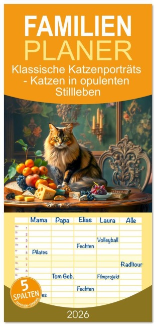 Familienplaner 2026 - Klassische Katzenporträts - Katzen in opulenten Stillleben mit 5 Spalten (Wandkalender, 21 x 45 cm) CALVENDO - Anja Frost