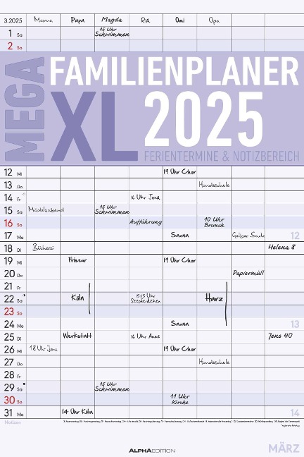 Der MEGA-Familienplaner XL 2025 mit 8 Spalten - Familien-Timer 33x49,5 cm - Offset-Papier - mit Ferienterminen - Wand-Planer - Alpha Edition - 