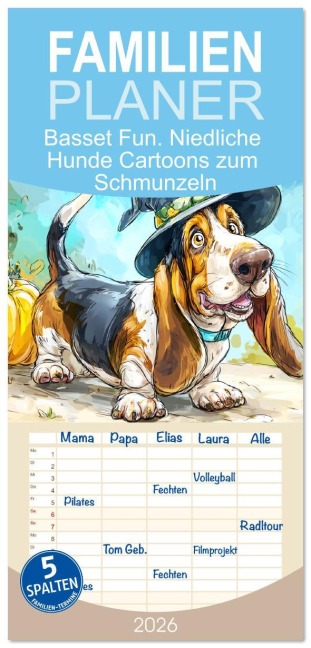 Familienplaner 2026 - Basset Fun. Niedliche Hunde Cartoons zum Schmunzeln mit 5 Spalten (Wandkalender, 21 x 45 cm) CALVENDO - Rose Hurley