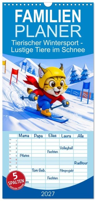 Familienplaner 2027 - Tierischer Wintersport - Lustige Tiere im Schnee mit 5 Spalten (Wandkalender, 21 x 45 cm) CALVENDO - Anja Frost