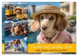 Cover-Bild zum Titel 'Dackel auf großer Tour - Süße Hunde entdecken die Welt (Wandkalender 2026 DIN A2 quer), CALVENDO Monatskalender' von 'Mb Fotografie'