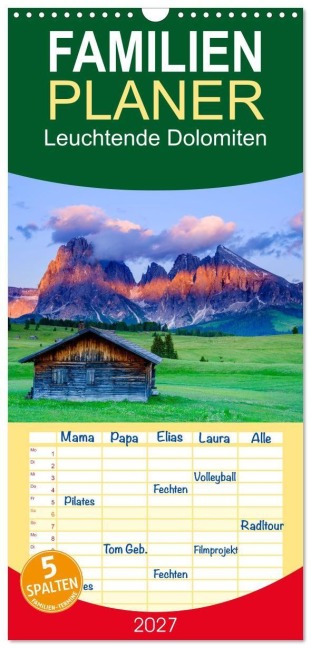 Familienplaner 2027 - Leuchtende Dolomiten mit 5 Spalten (Wandkalender, 21 x 45 cm) CALVENDO - Herbert Berger