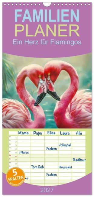 Familienplaner 2027 - Ein Herz für Flamingos mit 5 Spalten (Wandkalender, 21 x 45 cm) CALVENDO - Liselotte Brunner-Klaus