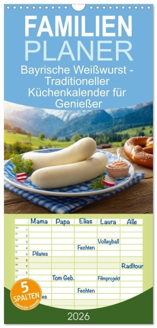 Familienplaner 2026 - Bayrische Weißwurst - Traditioneller Küchenkalender für Genießer mit 5 Spalten (Wandkalender, 21 x 45 cm) CALVENDO - Mb Fotografie