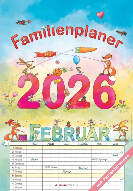 Familienplaner Cartoon 2026- Bildkalender 23,7x34 cm - 6 Spalten - Kalender mit Platz für Notizen - mit vielen Zusatzinformationen - Wandkalender - 