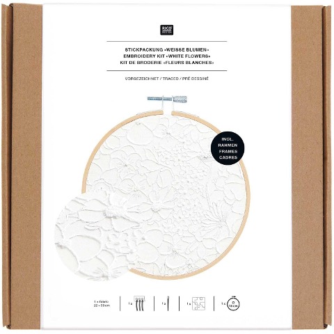 Stickpackung Vorgezeichnet, Bild Weiße Blumen, inkl. Stickring Ø 15 cm - 