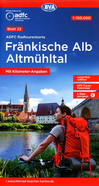 ADFC-Radtourenkarte 22 Fränkische Alb Altmühltal 1:150.000, reiß- und wetterfest, E-Bike geeignet, GPS-Tracks Download, mit Bett+Bike Symbolen, mit Kilometer-Angaben - 