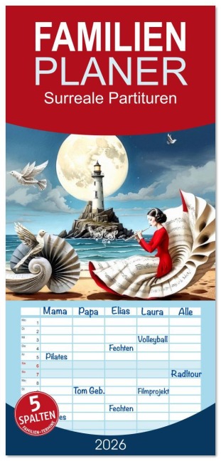 Familienplaner 2026 - Surreale Partituren mit 5 Spalten (Wandkalender, 21 x 45 cm) CALVENDO - Garrulus Glandarius