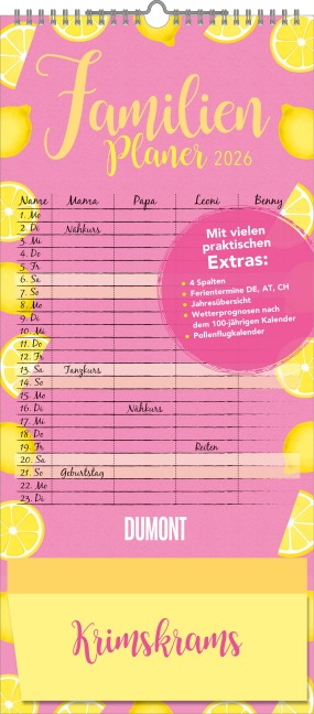 Familienplaner Krimskrams mit Tasche 2026 - 4 Spalten - Familienkalender 22x49 cm - mit Ferienterminen - Stundenplänen - Wandkalender - Wandplaner - 