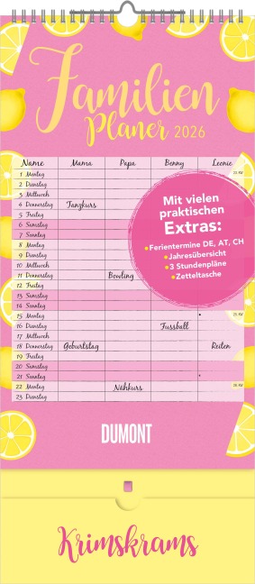 Familienplaner Krimskrams mit Tasche 2026 - 4 Spalten - Familienkalender 22x49 cm - mit Ferienterminen - Stundenplänen - Wandkalender - Wandplaner - 