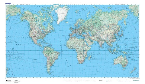 Weltkarte physikalisch 1:50 Mio. Poster Plano gerollt in Röhre 87,5 x 51 cm - 