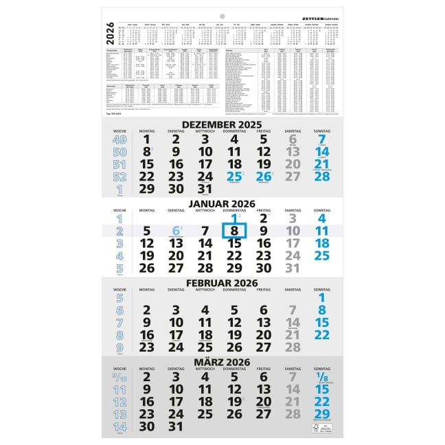 4-Monatskalender blau 2026 - 33x45 - mit Kopftafel - Datumsschieber -    959-0015-1 - 