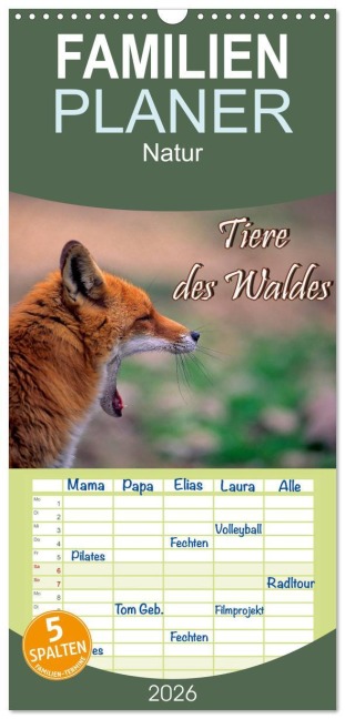 Familienplaner 2026 - Tiere des Waldes mit 5 Spalten (Wandkalender, 21 x 45 cm) CALVENDO - Bildagentur Geduldig