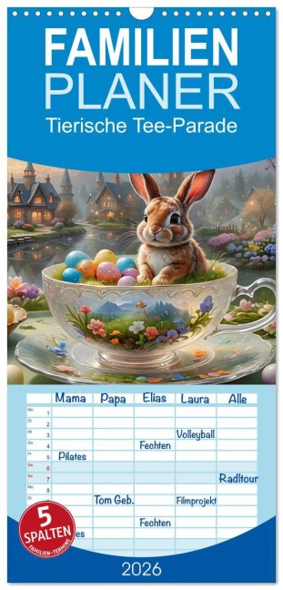 Familienplaner 2026 - Tierische Tee-Parade mit 5 Spalten (Wandkalender, 21 x 45 cm) CALVENDO - Katharina Stachanczyk