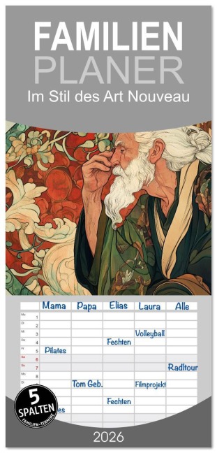 Familienplaner 2026 - Im Stil des Art Nouveau mit 5 Spalten (Wandkalender, 21 x 45 cm) CALVENDO - Steffen Gierok-Latniak